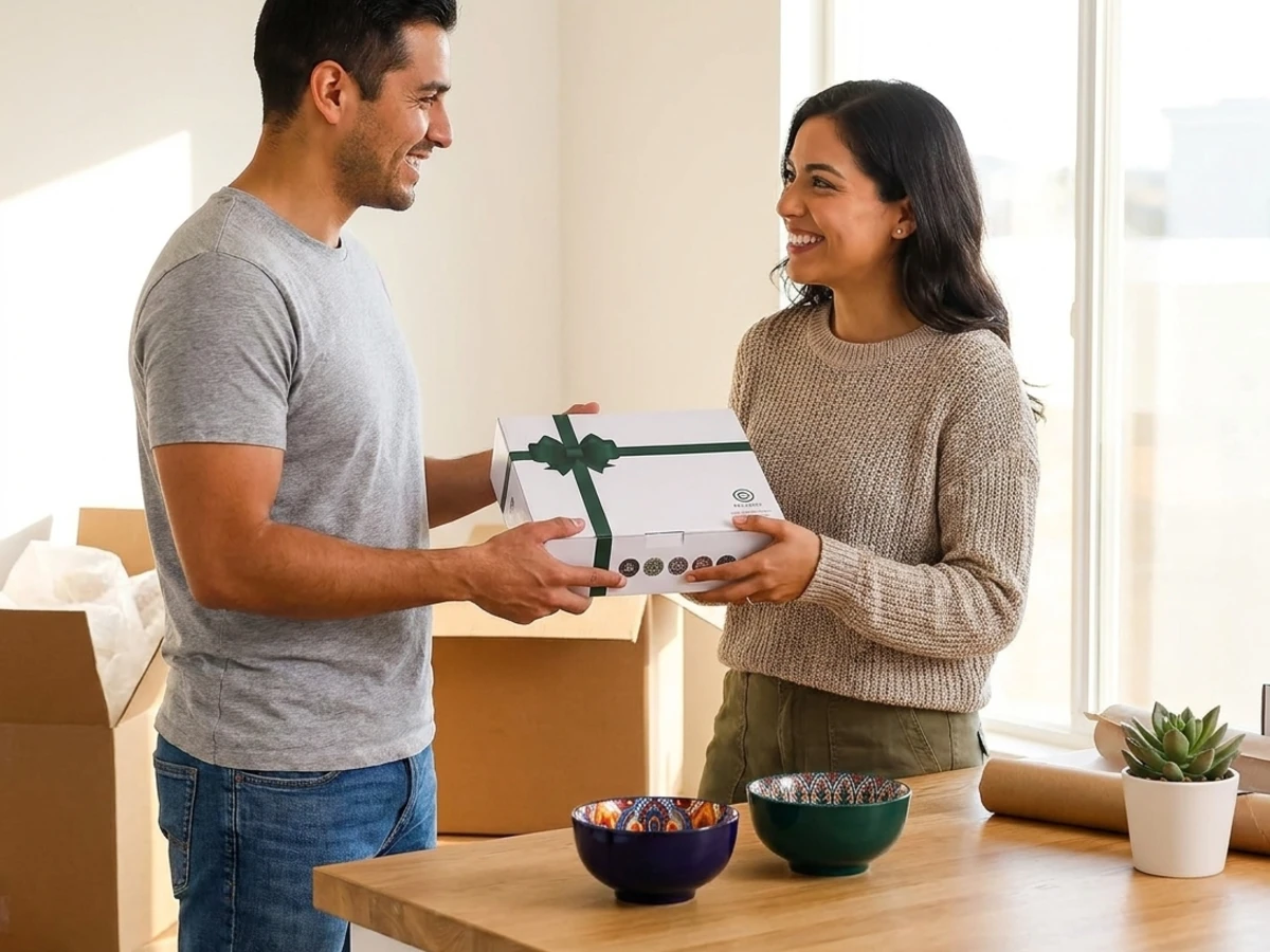 A couple giving the Eliseen bowl gift set at a housewarming in a new kitchen